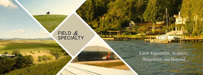 Field & Specialty property collage featuring ranch land, equestrian, aviation, and waterfront settings